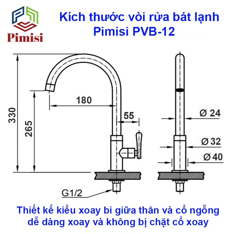 Bản vẽ kich thước vòi rửa bát lạnh Pimisi PVB-12