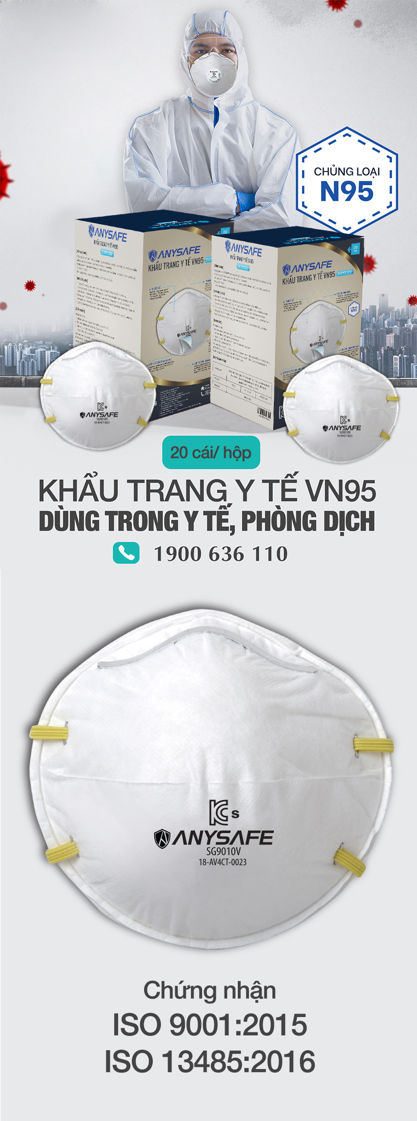 hộp khẩu trang y tế vn95 anysafe chính hãng sg9010 (không van) - hộp 20 cái - đạt tiêu chuẩn thiết bị y tế loại a , iso 9001 2015, iso 13485 2016 dùng trong y tế, phòng dịch 1