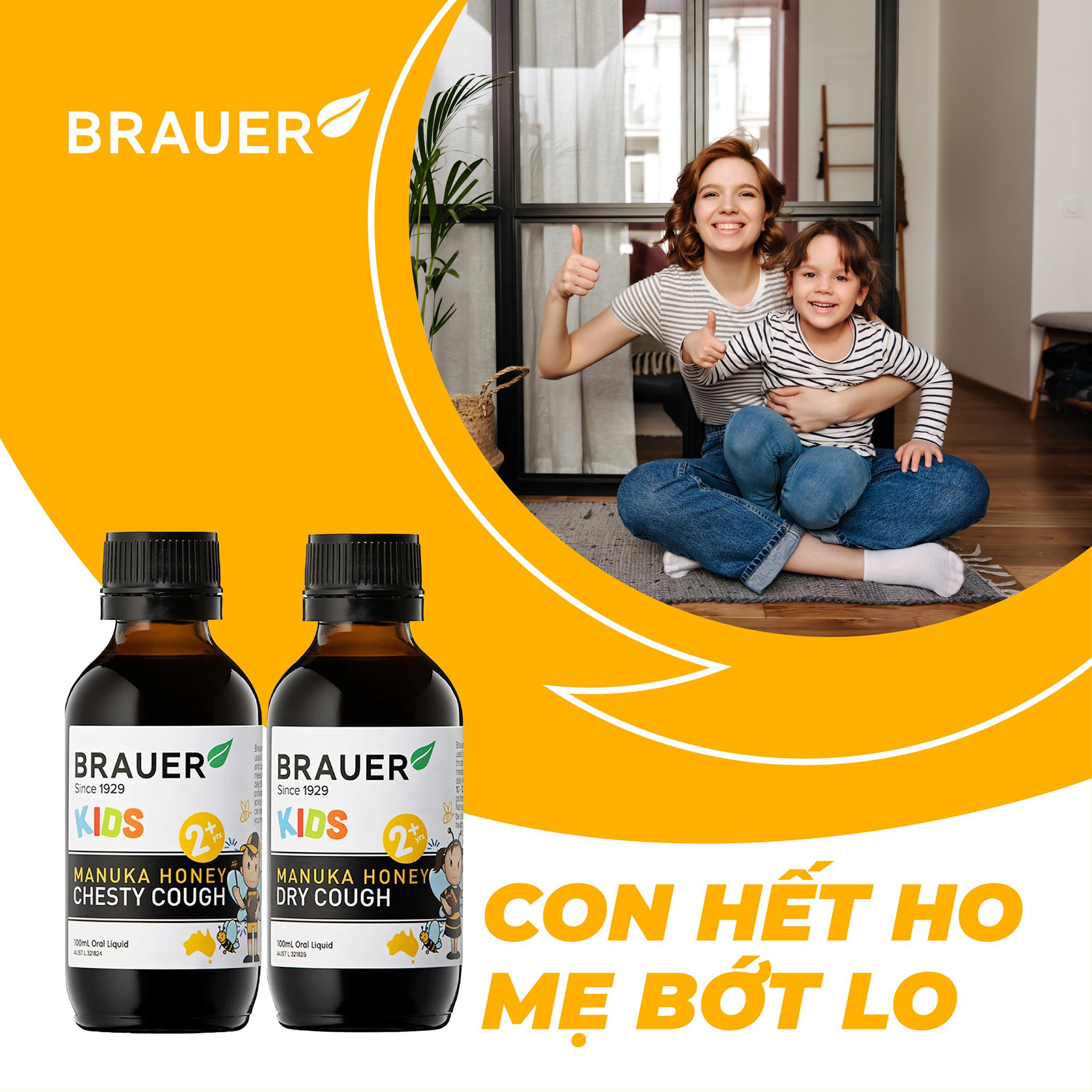 Siro hỗ trợ giảm ho cho trẻ từ 2 tuổi Brauer Manuka Honey Úc