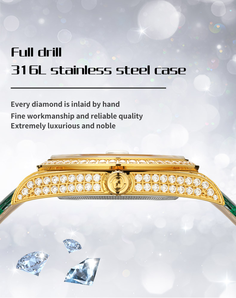 【START】Đồng hồ nam đá khổng tước tự nhiên（Malachite）đồng hồ kim cương chức năng hiển thị thứ ngày  đồng hồ cơ tự động dây da cá sấu Khóa bướm