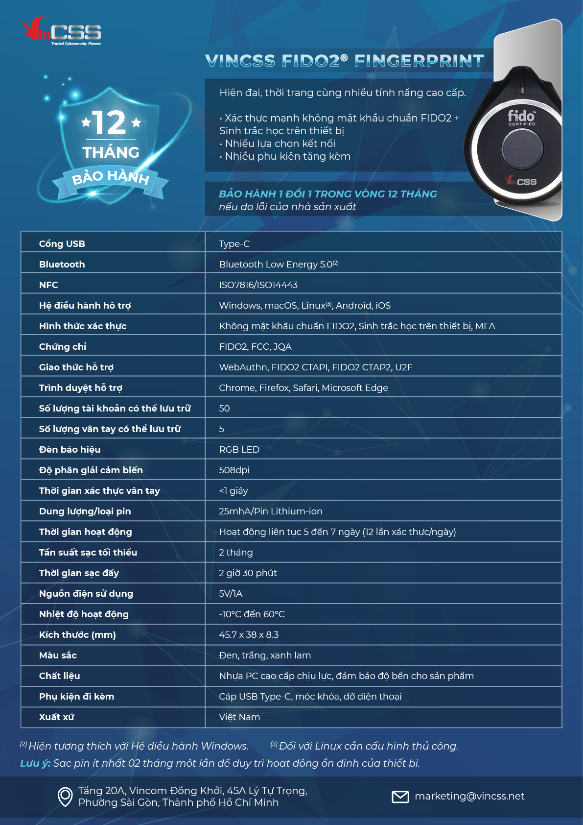 Khóa bảo mật VinCSS FiDO2® Fingerprint (NFC/Bluetooth/USB-C) - Multi Factor authentication (MFA) - Security Key and passkey - Chuẩn FIDO2 - Bảo vệ tài khoản online -  Hàng chính hãng
