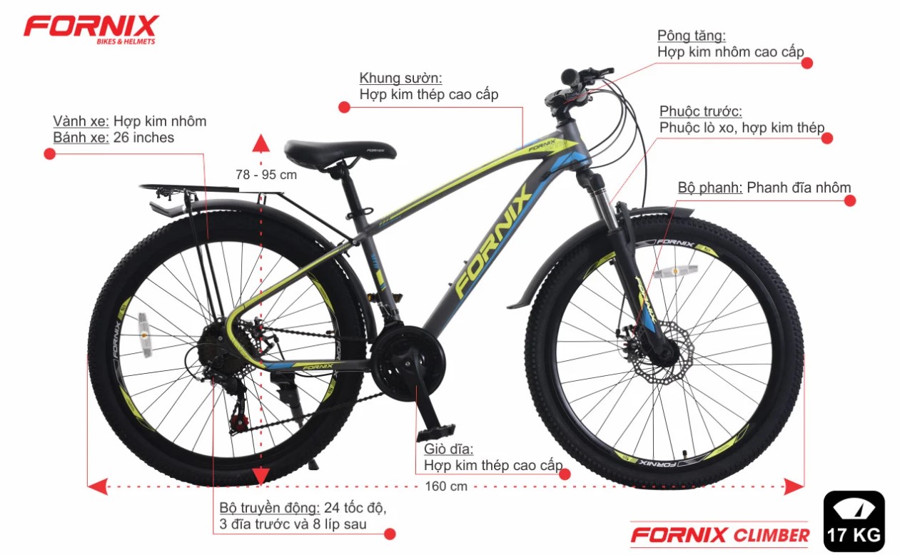 XE đạp địa hình hiệu FORNIX Climber, vòng bánh 26', màu Xám Vàng