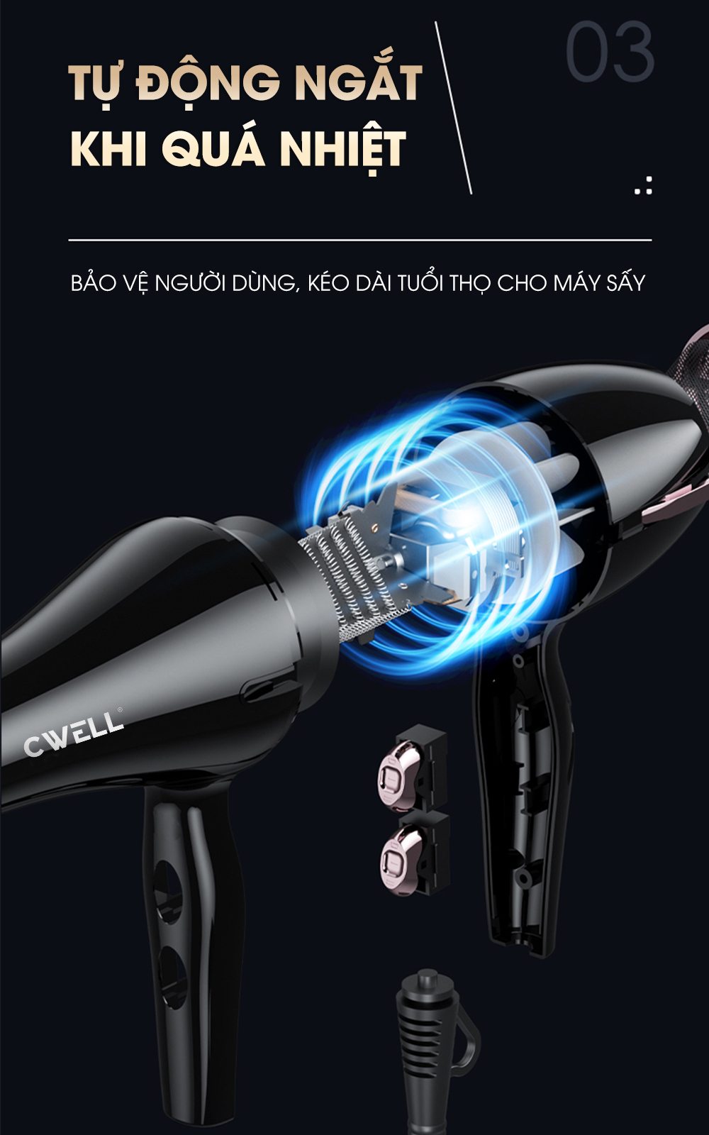 Máy sấy tóc CWELL công suất lớn 1800W-2500W C03HD, 6 chế độ tùy chỉnh nóng/lạnh, thiết kế chuẩn Salon