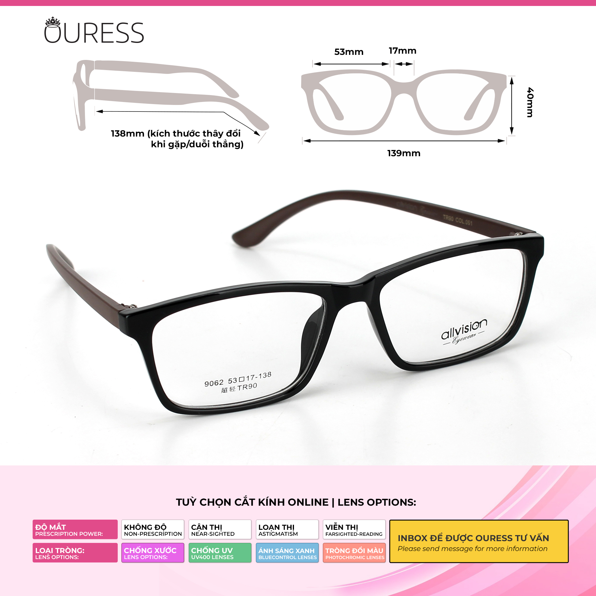 Gọng kính nhựa 9062 thời trang nam nữ siêu nhẹ siêu bền OURESS