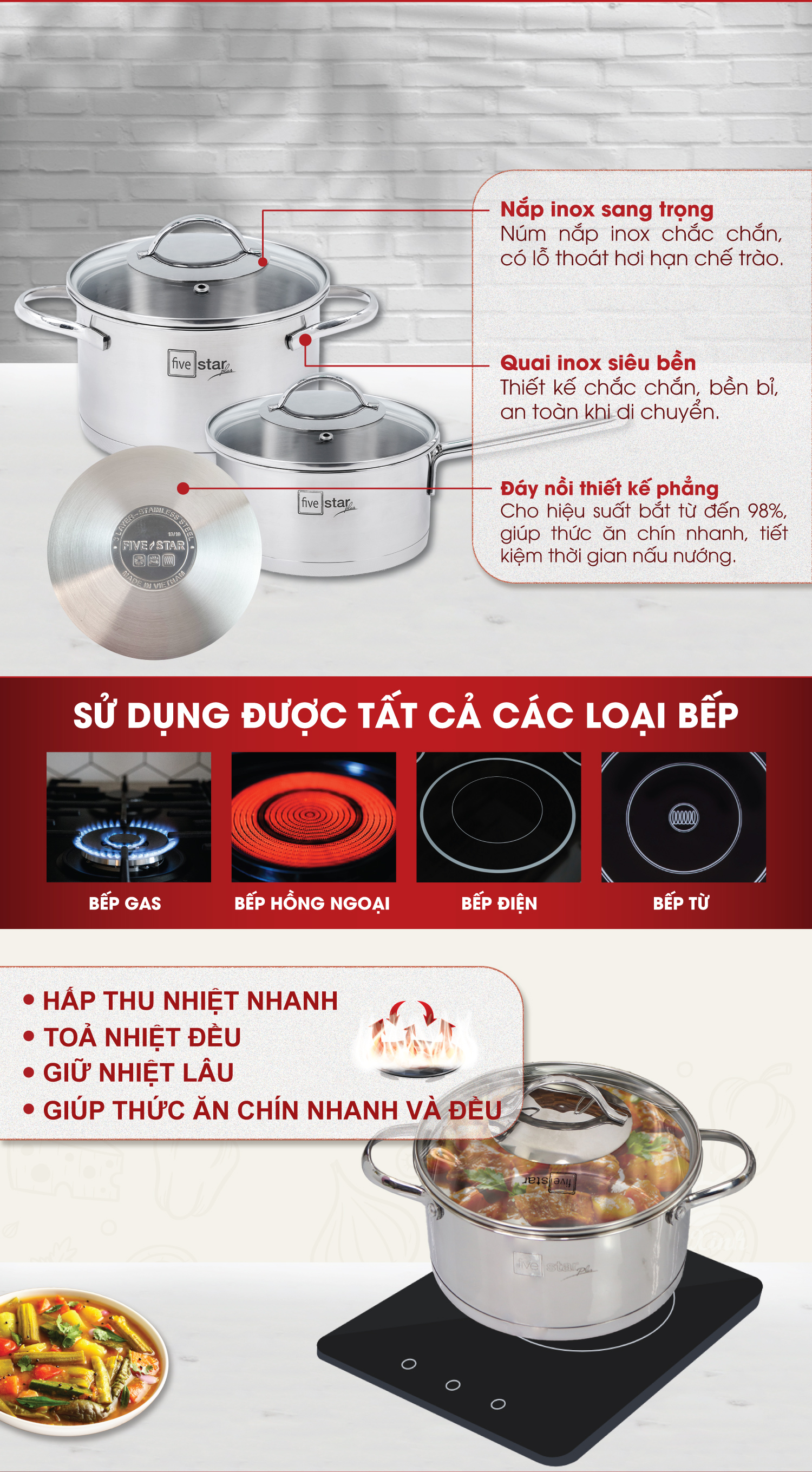 Bộ nồi quánh inox 304 FiveStar 3 đáy từ 5 món nắp kính , quai oval , Tặng 10 muỗng inox