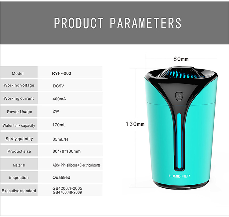 3 in 1 small fan flame cup shaped humidifier Light Colorful Lamp USB Mini Air Purifier Home Office (Blue)