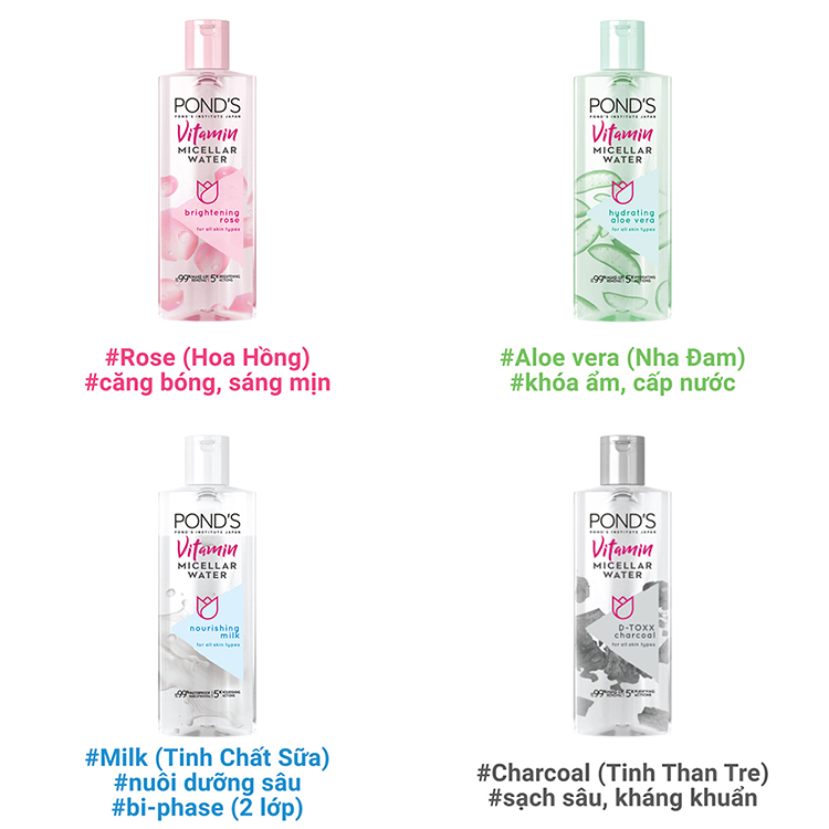Nước Tẩy Trang Vitamin Và Hoa Hồng Sáng Da Pond's Micellar Water 400ml Tặng Kèm Nước Tẩy Trang Vitamin Và Nha Đam Khóa Ẩm Pond's Micellar Water 100ml
