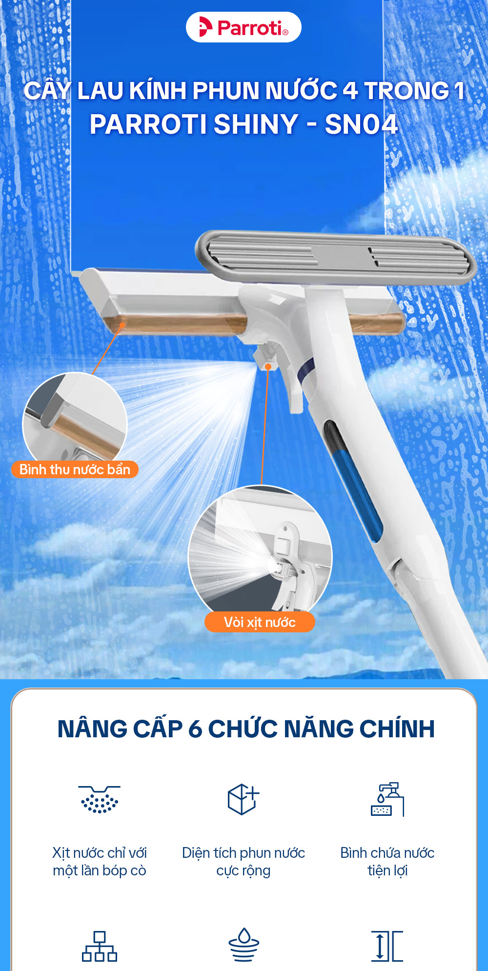 Cây lau kính, gạt chùi kính 4 trong 1, cán nhôm độ dài linh hoạt, thu nước trên kính, có phun sương Parroti Shiny SN04