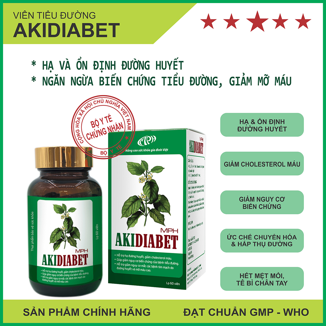 Combo 2 hộp Viên tiểu đường Akidiabet - Giảm đường huyết, ngăn ngừa biến chứng tiểu đường, giảm mỡ máu. Lọ 60 viên. SP đạt chuẩn GMP - WHO, được Sở Y Tế cấp phép. 1