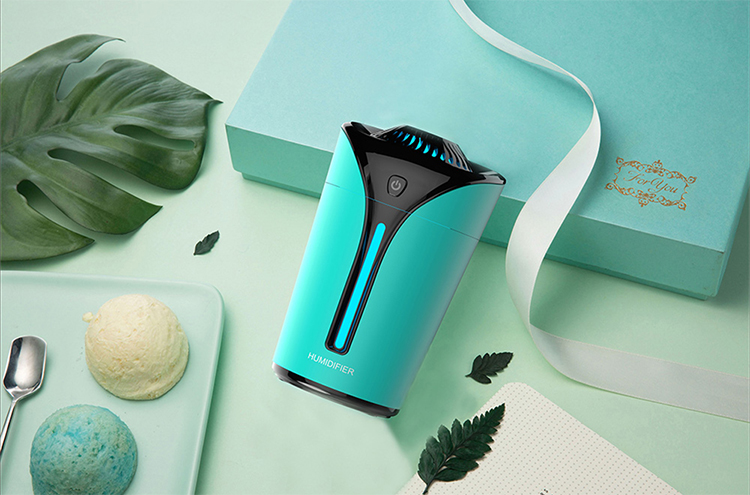 3 in 1 small fan flame cup shaped humidifier Light Colorful Lamp USB Mini Air Purifier Home Office (Blue)