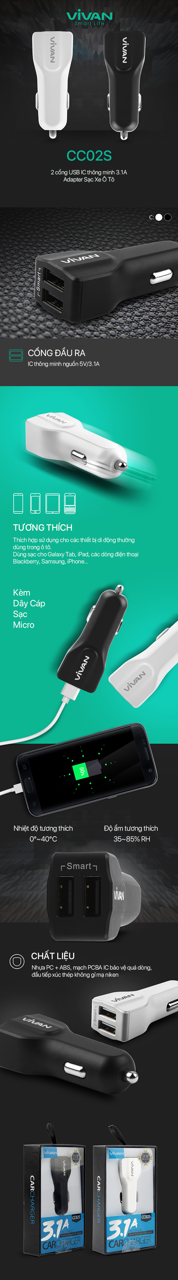 Tẩu sạc ô tô - xe hơi 2 cổng USB Vivan mạch PCBA | Cho thiết bị di động/điện thoại iOS/Apple (iPhone/iPad), Android (Samsung, Xiaomi, Oppo, Huawei) | Màu Đen/Trắng - Hàng Chính Hãng