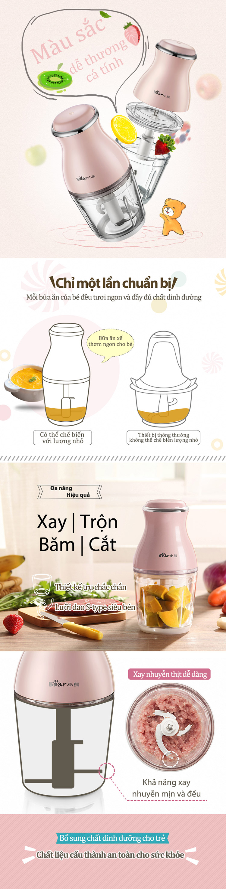 Máy Xay Thực Phẩm Đa Năng Bear QSJ-B02U2 - Phiên Bản Quốc Tế - Hàng Chính Hãng