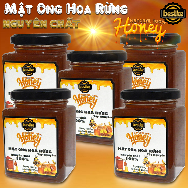 bestke mật ong hoa rừng nguyên chất 100%, combo 5 hũ, mỗi hũ 200ml, honey natural bestke 3