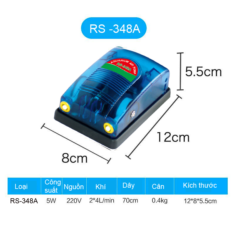 Máy sủi khí oxy 2 vòi RS 348A dùng để cung cấp oxy cho bể cá cảnh, giúp cá khỏe mạnh, tăng đề kháng.
