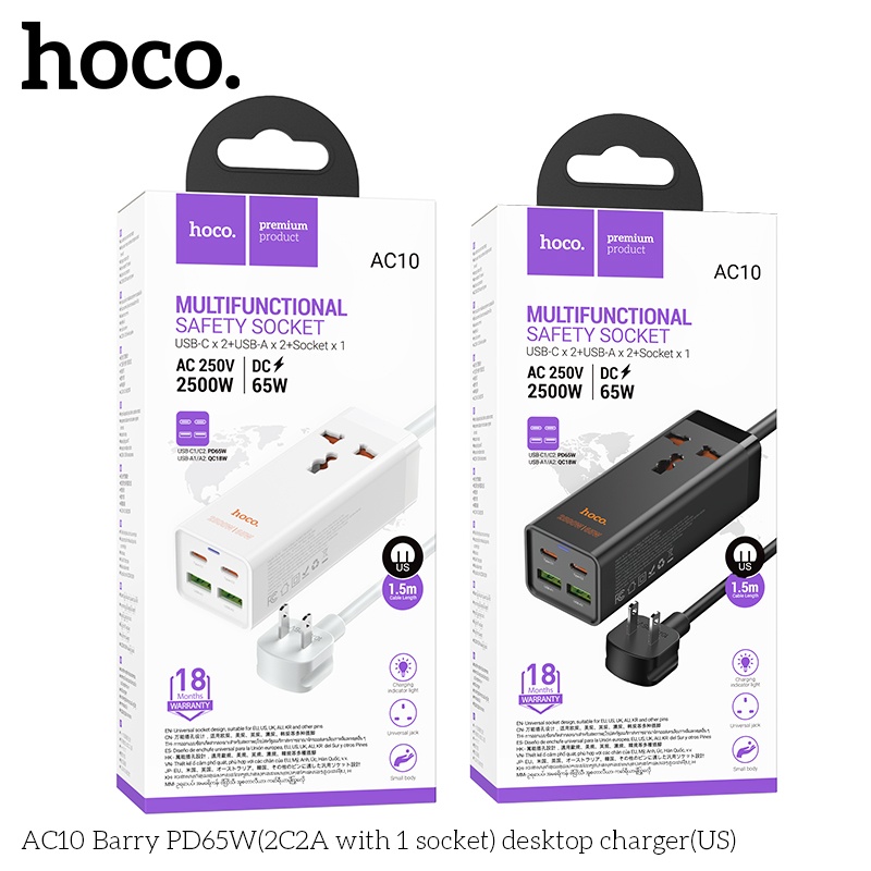 Ổ cắm điện đa năng sạc nhanh PD 65W cổng typeC + QC18W có 2*USB + 2*Type-C có 1 lỗ cắm tải 2500W dây dài 1.5m AC10 - hàng chính hãng