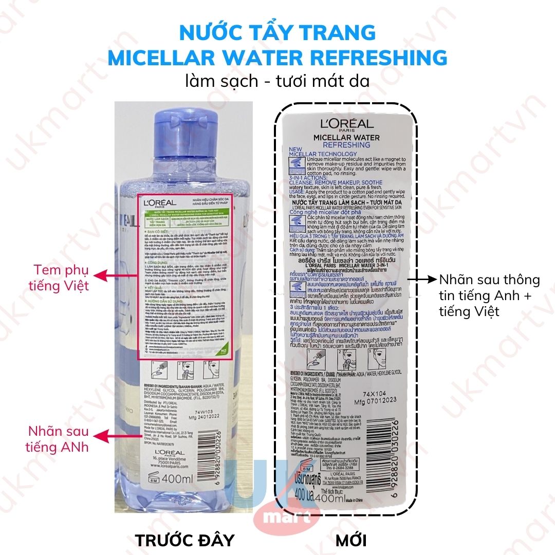 Nước Tẩy Trang L'Oreal Paris Cho Mọi Loại Da 3-in-1 Loreal Micellar Water Da Dầu Da Nhạy Cảm Da Khô