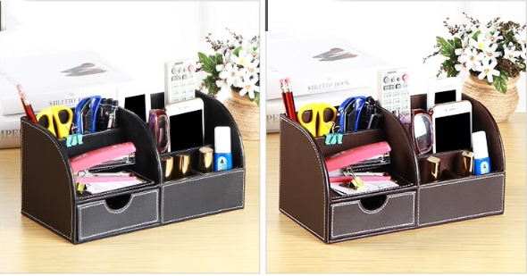 Yapi Shi leather desktop multi-function storage box finishing box creative office supplies pen holder stationery storage box living room coffee table remote control storage box black needle