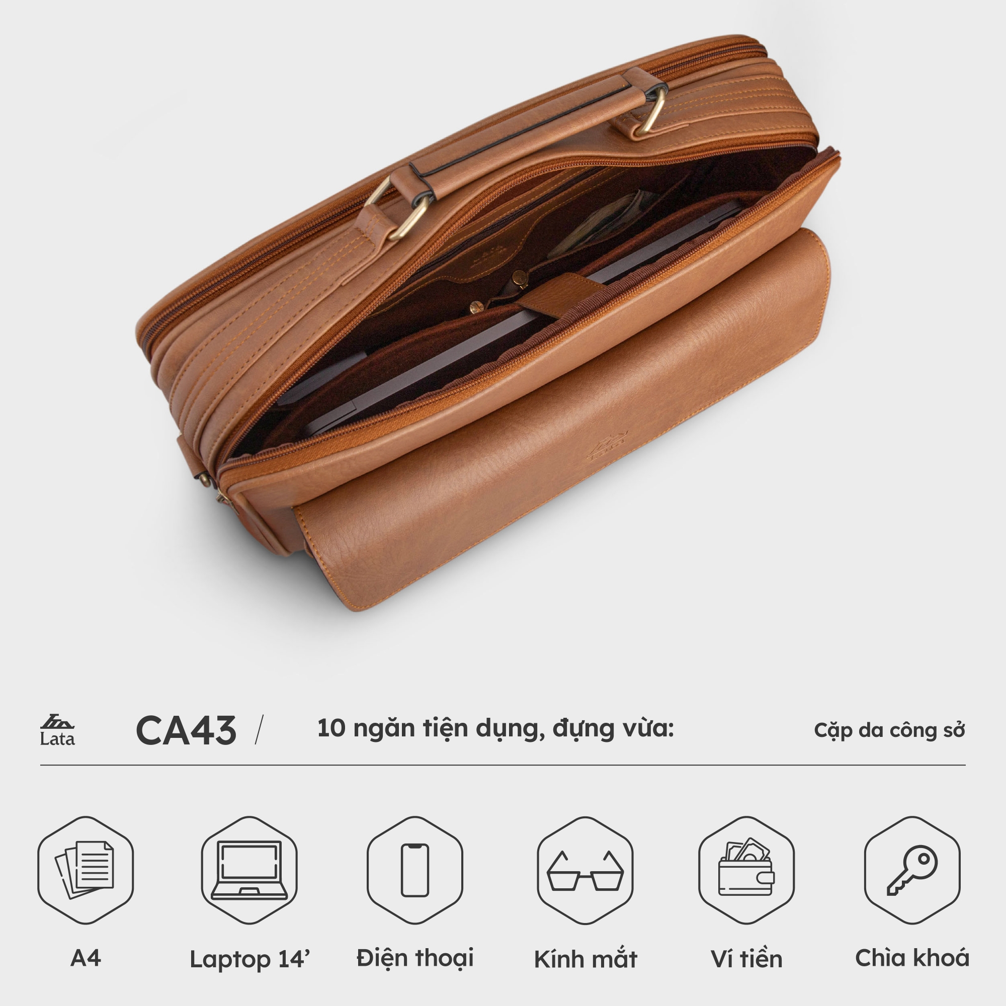 Cặp Công Sở Lata ( Thời trang nam basic đựng vừa laptop 14 inch - Cặp da CA43 )