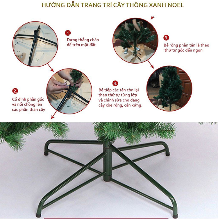 Cây thông Noel loại đẹp tán rộng, lá xanh dày, đế chân sắt chắc chắn công nghệ Hàn Quốc tặng kèm bộ phụ kiện trang trí