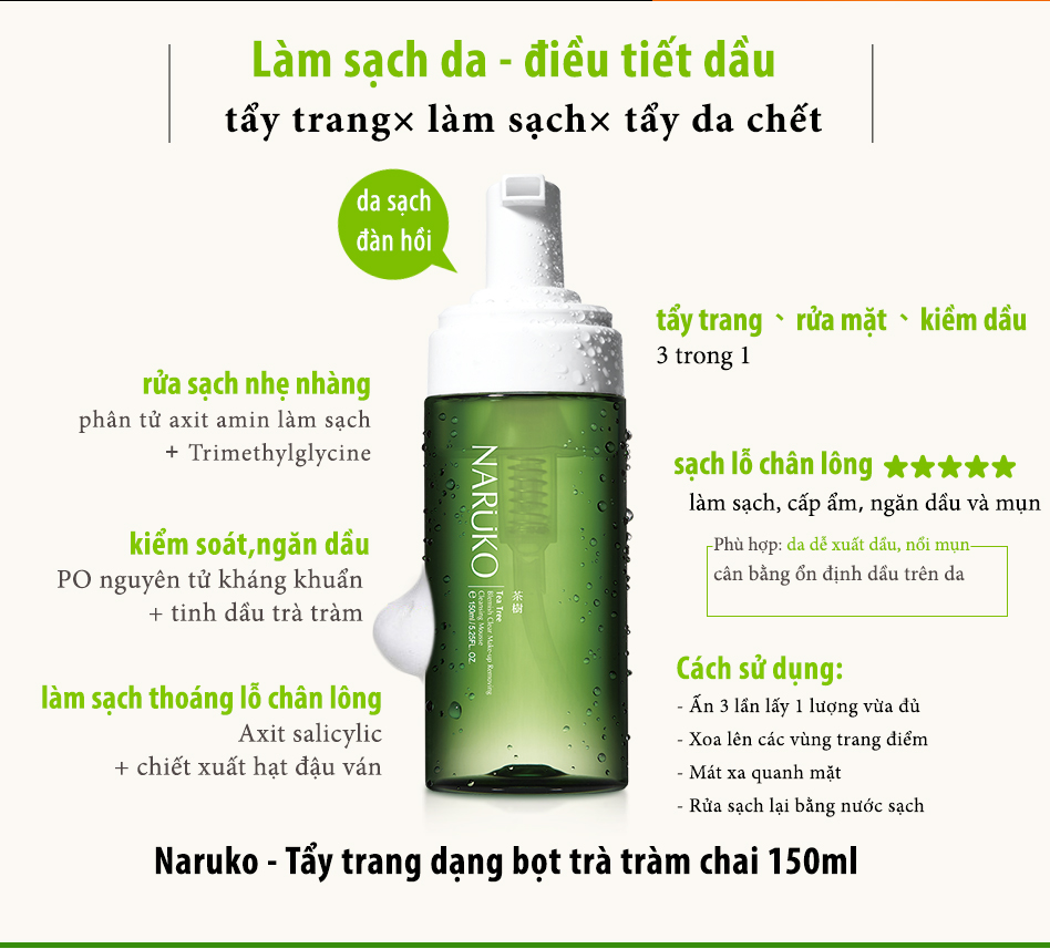 Naruko – Trà tràm – Nước tẩy trang dạng bọt 150 ml – Tea Tree Blemish Clear Makeup Removing Cleansing Mousse 150 ml