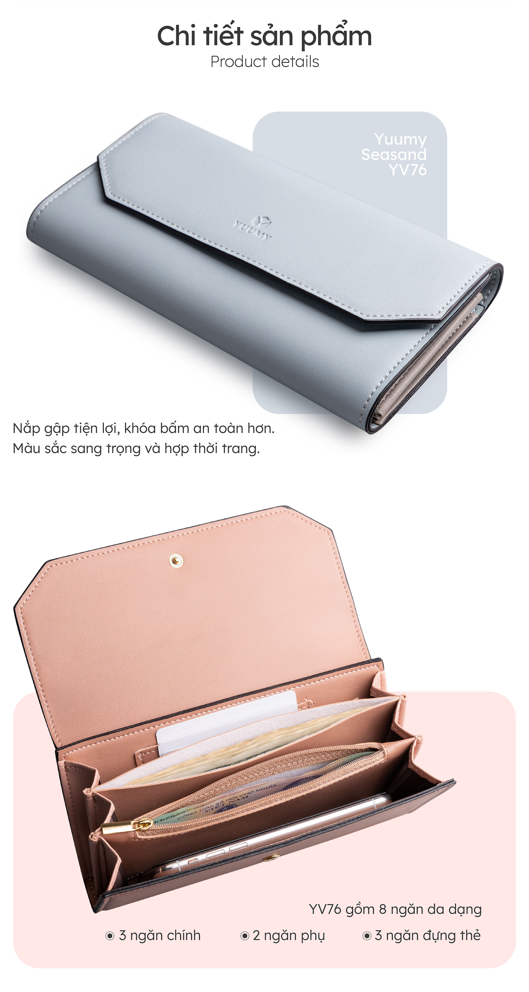 Ví Yuumy ( Thời trang nữ nắp gập kiểu cầm tay dáng dài - Ví da Seasand YV76 )
