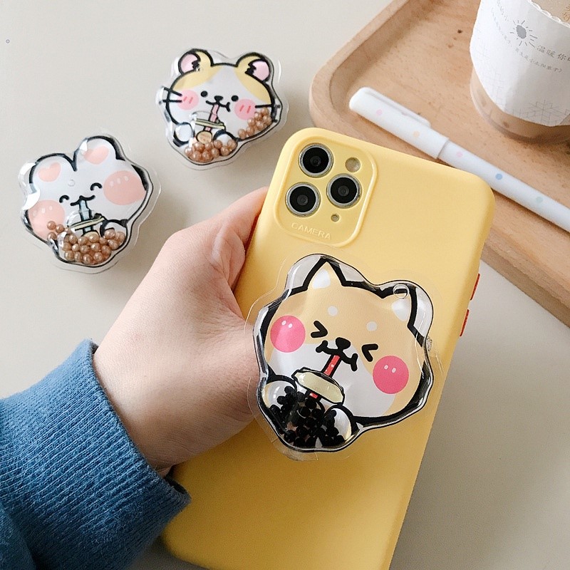 Giá Đỡ Nhẫn Điện Thoại 3D Trà Sữa Túi Dầu Có Hạt Chuyển Động- Hàng Chính Hãng