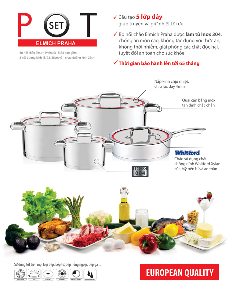 Bộ Nồi Chảo Inox 304 Elmich Praha EL3338 2353338