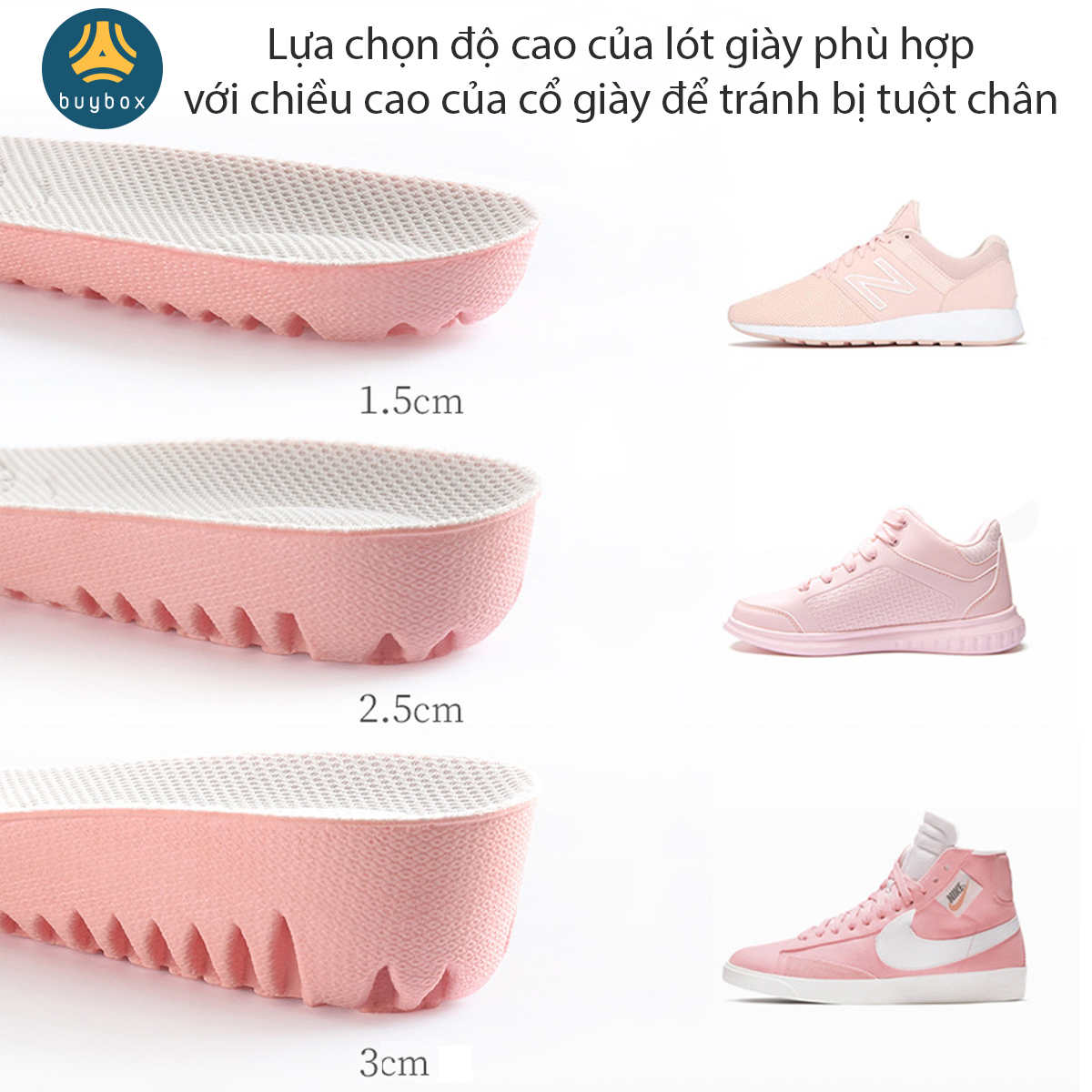 Lót giày tăng chiều cao 1.5cm, 2.5cm, 3cm với đế cao su dẻo cấu trúc tổ ong thoáng khí - Màu hồng mặt vải kem - buybox - BBPK156