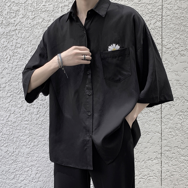 Áo Sơ Mi Form Rộng Vải Lụa Có TÚI HOA CÚC Tay Ngắn Màu Trắng Đen OVERSIZE Nam Nữ Chuẩn Form Hàn Quốc - SMN03