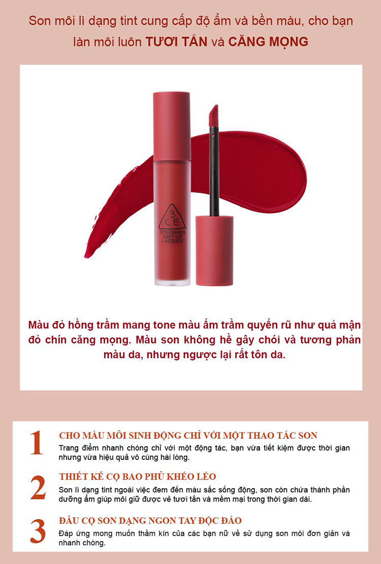 Son Kem Lì 3CE Soft Lip Lacquer - Perk Up