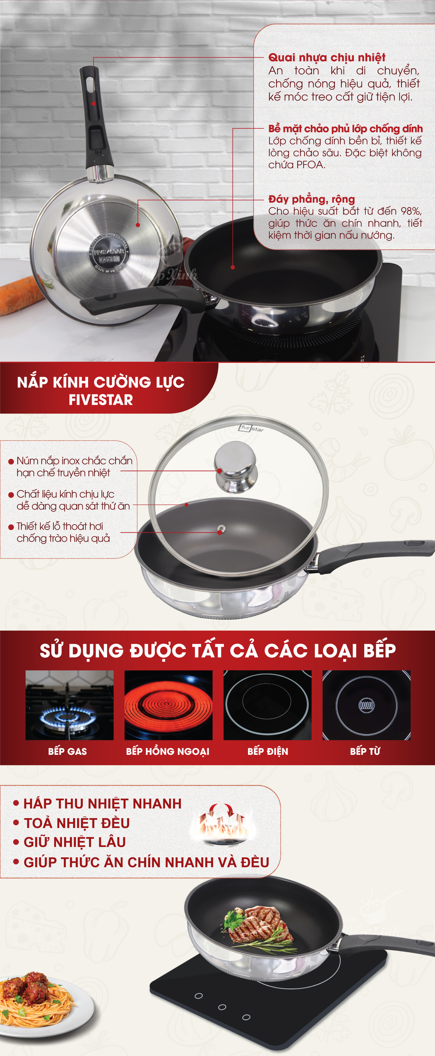 Chảo inox chống dính sâu lòng có nắp kính cao cấp Fivestar 24cm , 26cm  , tặng 1 sạn dừa , tay cầm cách nhiệt