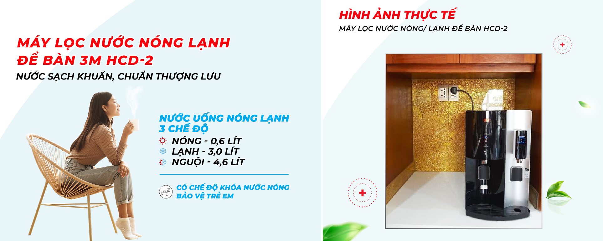 Máy Lọc Nước Uống Mỹ Nóng Lạnh Để Bàn 3M HCD-2 Cao Cấp