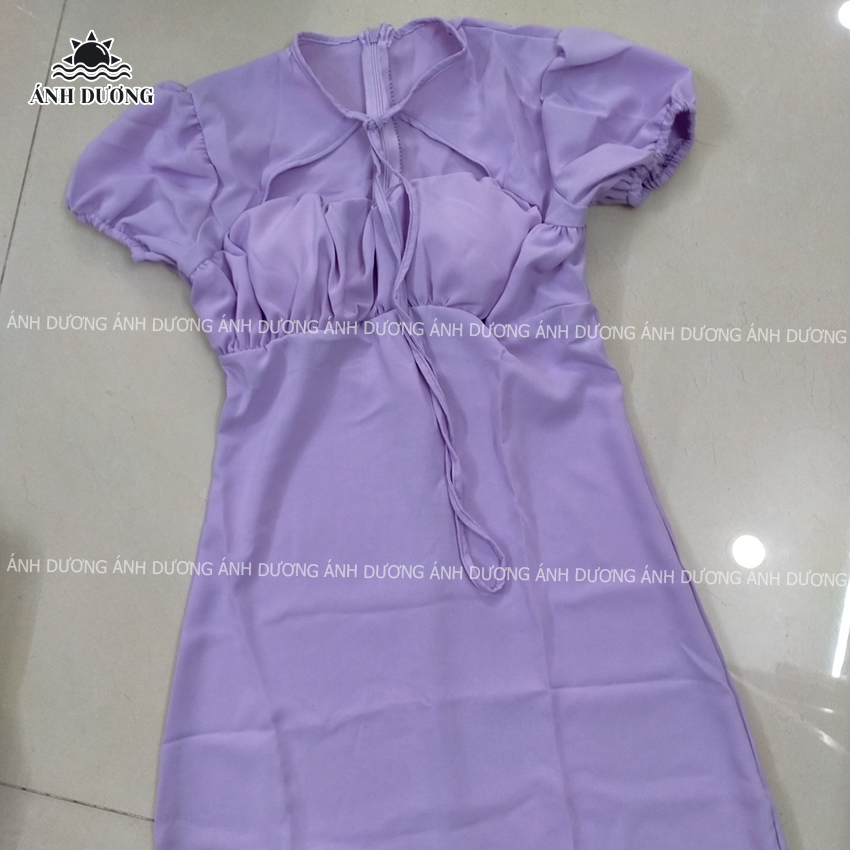 Hình thật - Đầm tay phồng vải đũi nhún ngực màu tím (có mút, có dây kéo) Ánh Dương Clothing