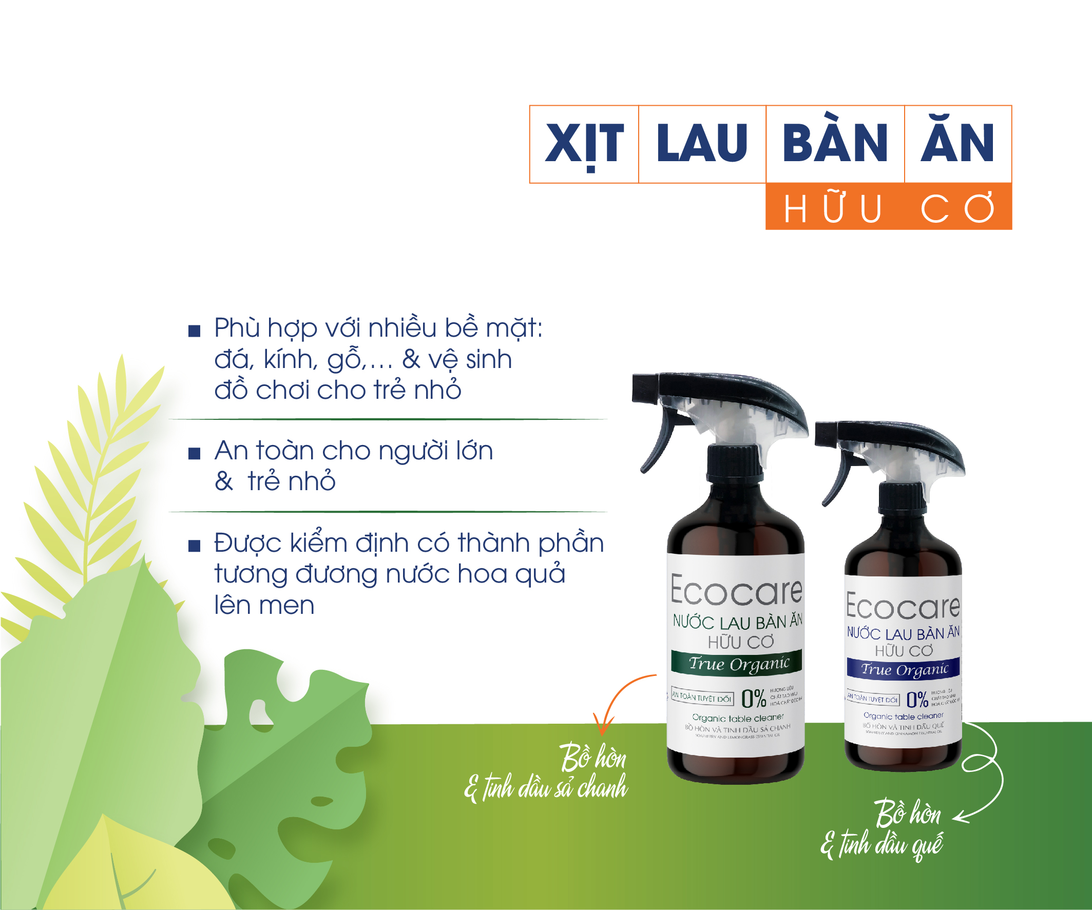 Xịt lau bàn ăn hữu cơ Bồ hòn tinh dầu Sả Chanh dung tích 500ml thương hiệu Ecocare