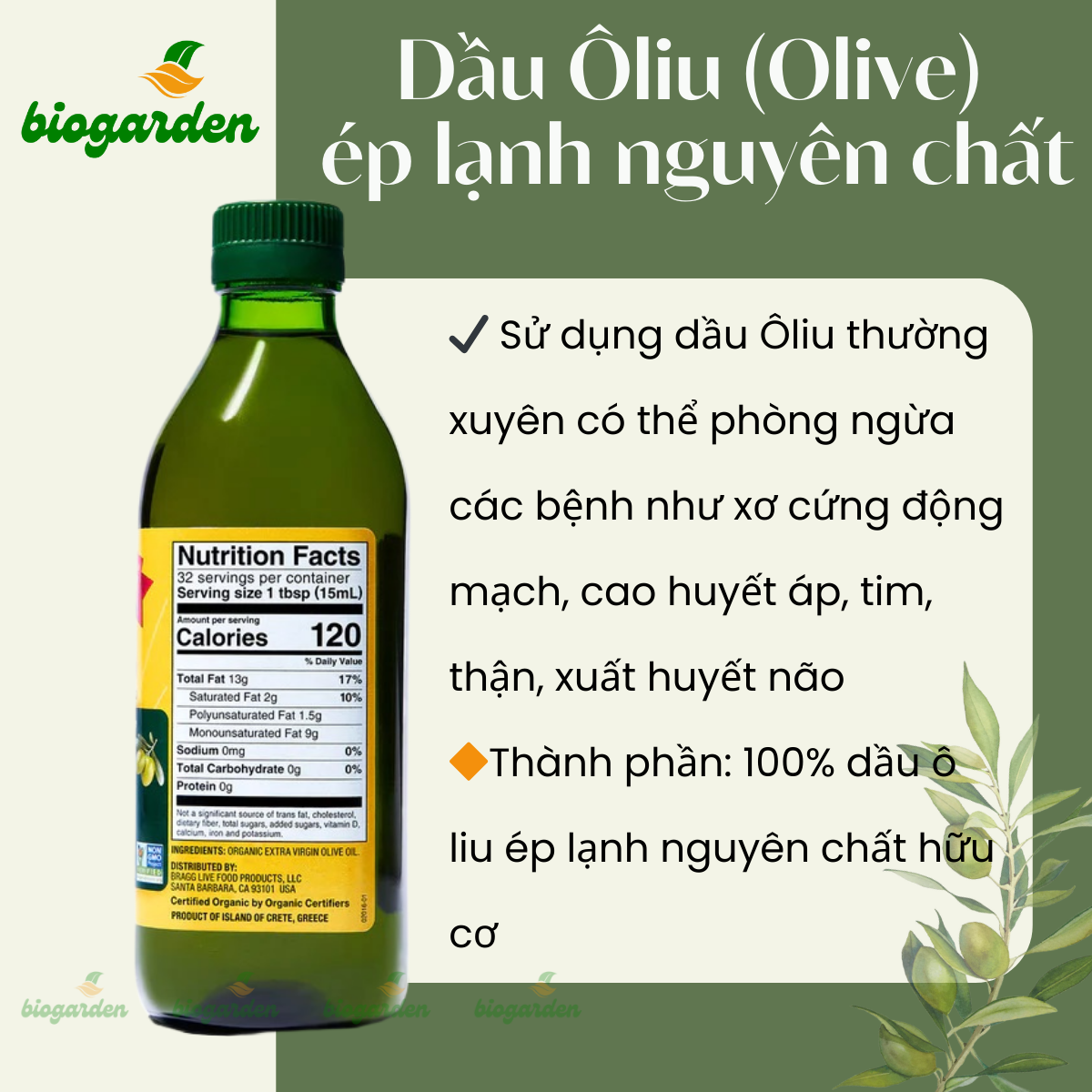 Dầu ô liu siêu nguyên chất Extra Virgin Ép Lạnh Hữu Cơ Bragg