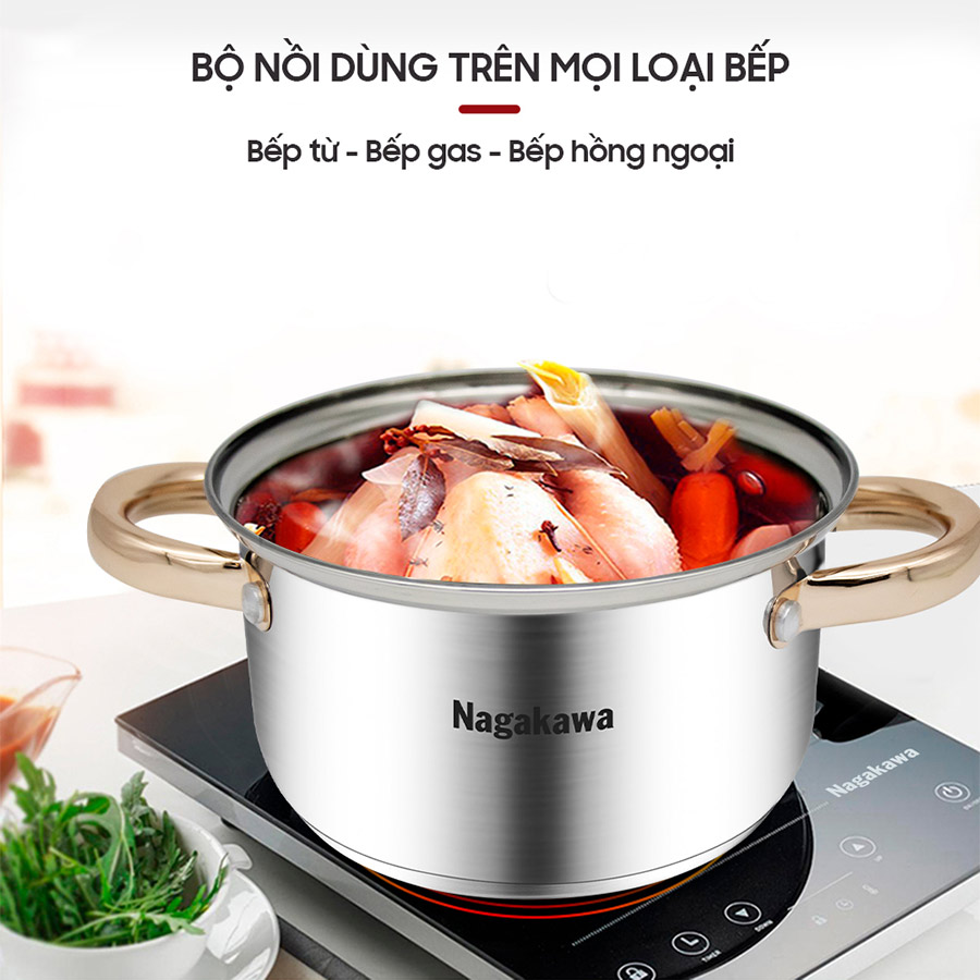 Bộ 3 nồi inox 4 đáy Nagakawa NAG1306 (16cm, 20cm, 24cm) - Quai mạ vàng - Dùng trên mọi loại bếp - Hàng Chính Hãng