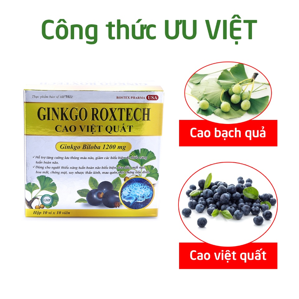 Hoạt huyết dưỡng não Ginkgo Roxtech 1200mg Cao Việt Quất giảm đau đầu, hoa mắt, chóng mặt - Hộp 100 viên 1