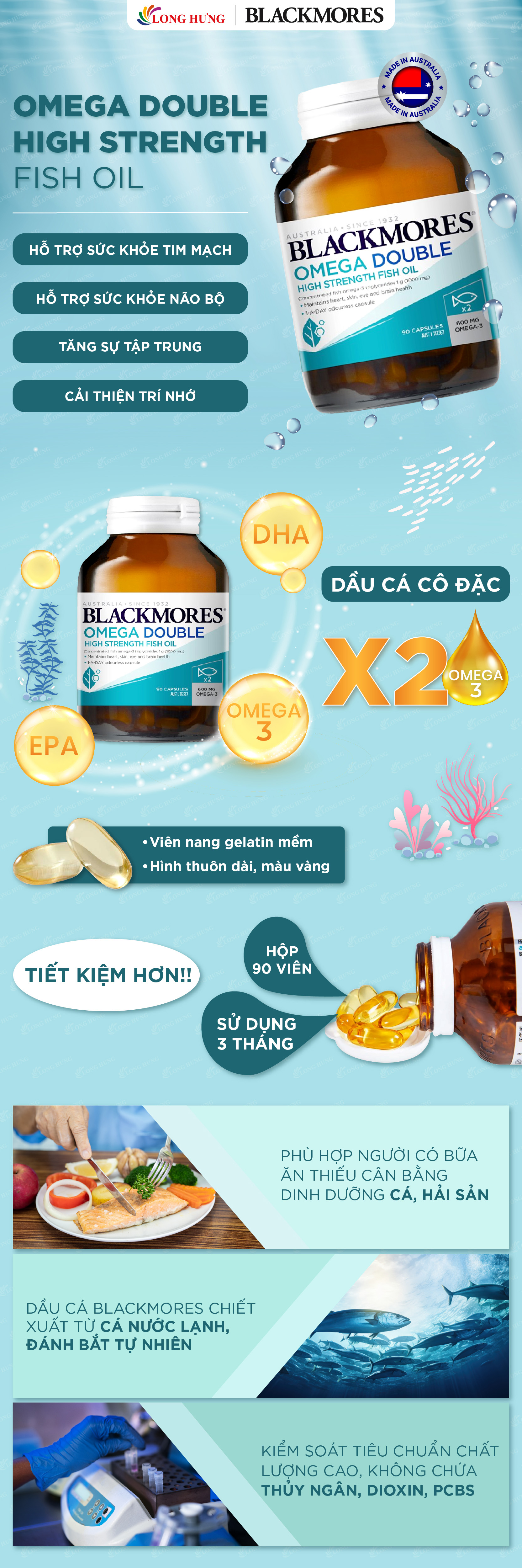 Viên uống Blackmores Omega Double High Strength Fish Oil hỗ trợ tim mạch (90 viên) - Hàng chính hãng