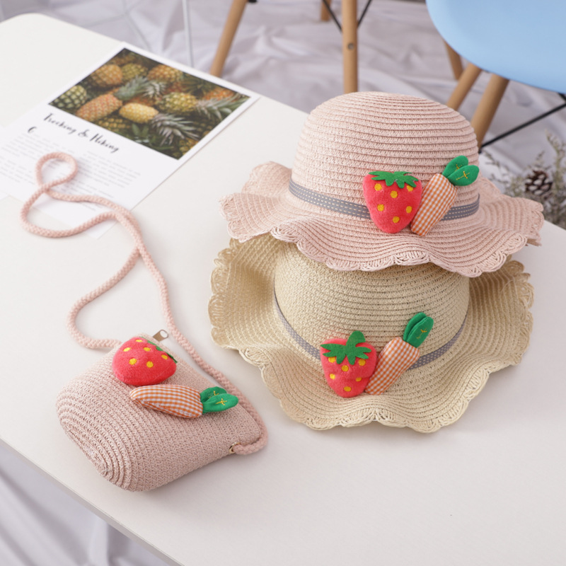 Set mũ cói cà rốt dâu tây + túi xách cói đi biển thời trang cho bé gái