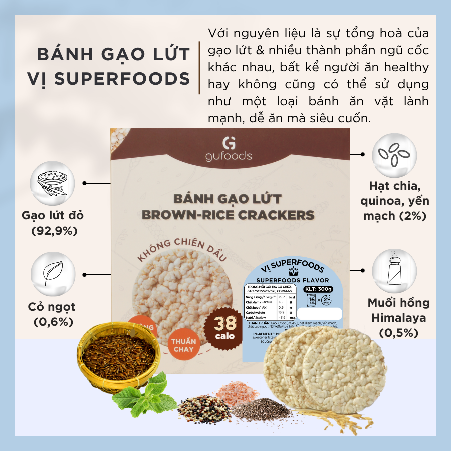 Bánh gạo lứt GUfoods (300g) - Không chiên dầu, Không đường, Từ gạo và ngũ cốc nguyên hạt, Lành mạnh, Phù hợp Eat clean, Ăn vặt healthy, Thực dưỡng, Tập gym, Thuần chay, Đa dạng hương vị