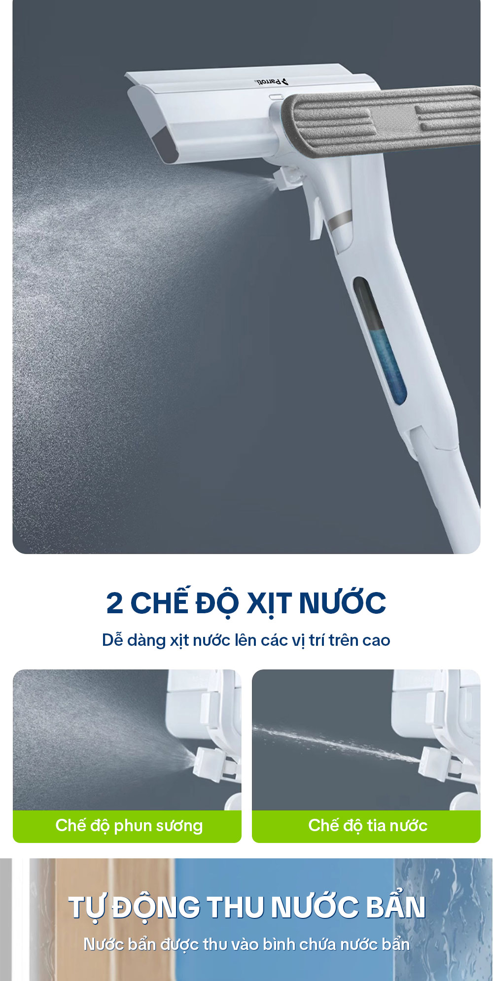 Cây lau kính, gạt chùi kính 4 trong 1, cán nhôm độ dài linh hoạt, thu nước trên kính, có phun sương Parroti Shiny SN04