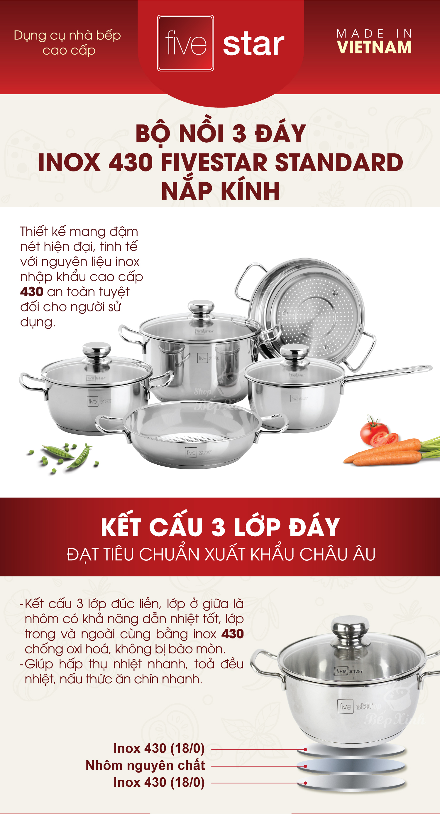 Bộ Nồi Inox 3 Đáy Gồm 3 Nồi 1 Chảo 1 Xửng Fivestar FS08CG1 - Hàng Chính Hãng