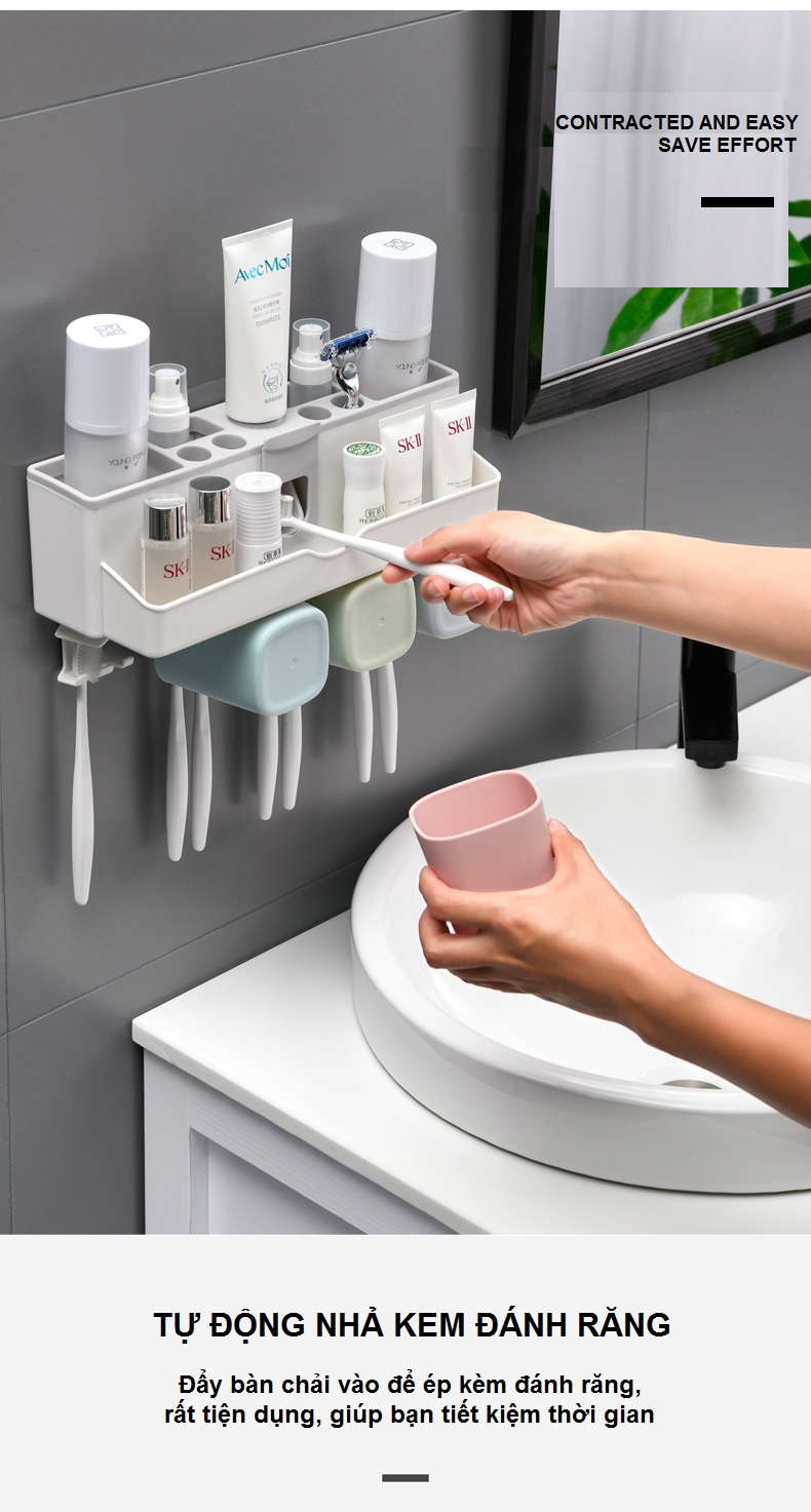 Giá Treo Bàn Chải Đánh Răng, Lấy Kem Đánh Răng Tự Động, Lưu Trữ Vật Dụng Ngăn Nắp - Tặng Kèm 4 Cốc Và Miếng Dán Tường - Chính Hãng