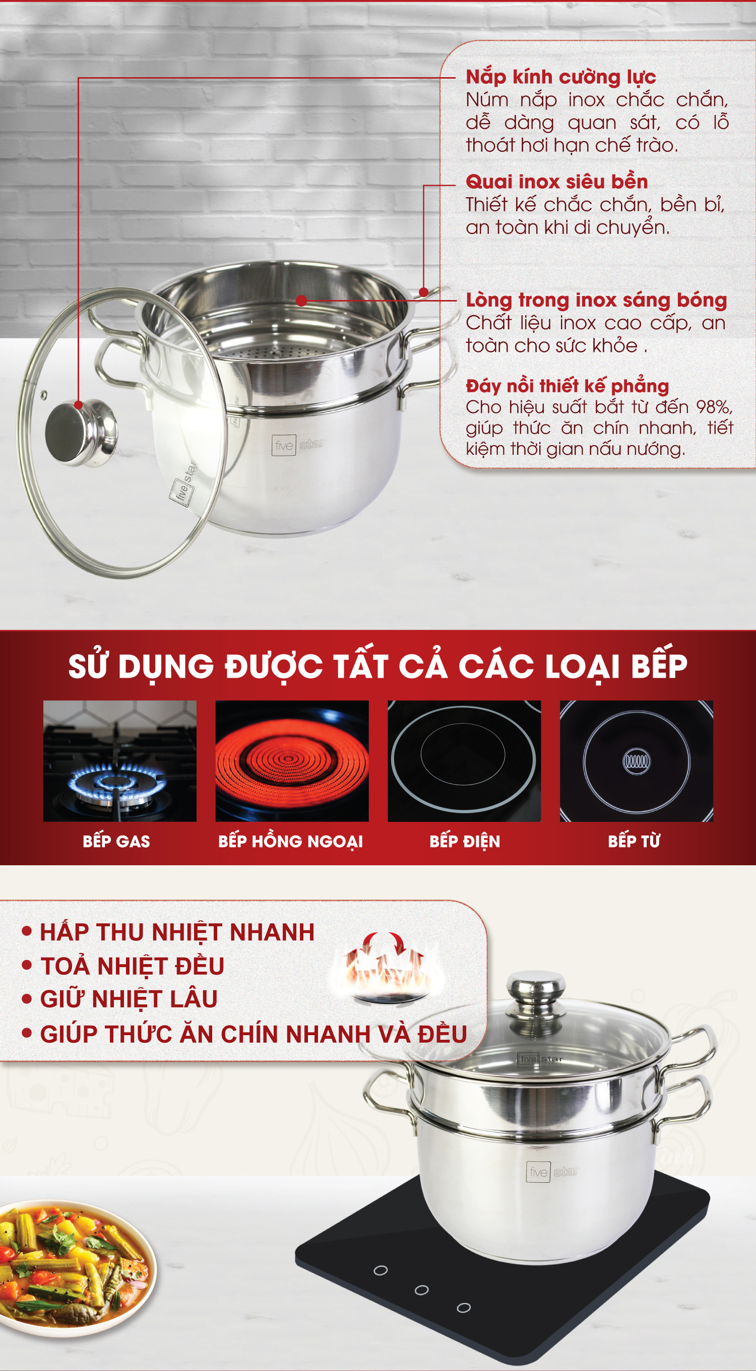 Bộ Nồi Xửng Hấp Fivestar Nắp Kính Tặng 10 Muỗng Inox