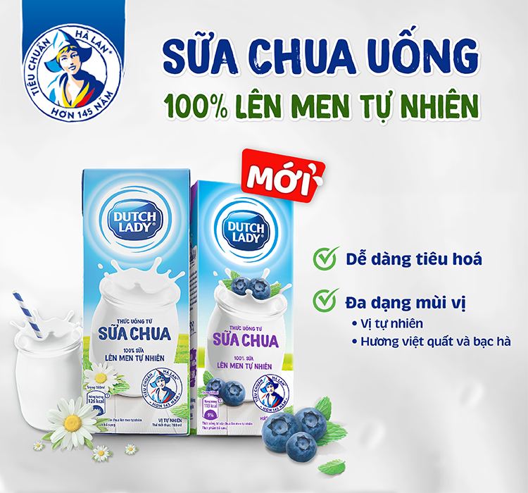 Thùng Sữa Chua Uống Lên Men Tự Nhiên Dutch Lady Hương Việt Quất Và Bạc Hà (48 hộp x 180ml)