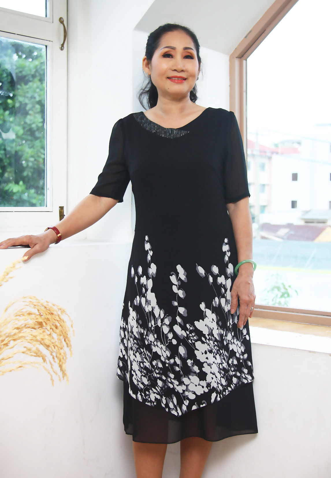 Đầm trung niên bigsize - Đầm suông voan hoa cổ tim TIFALU705