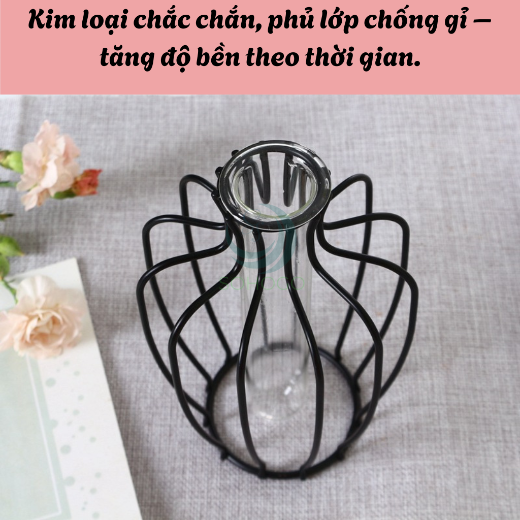Lọ Hoa Nghệ Thuật Khung Sắt Kèm Ống Thủy Tinh- Bình Hoa Trang Trí Khung Kim Loại Hiện Đại- Lọ Hoa Phong Cách Bắc Âu – Khung Sắt & Ống Thủy Tinh- Chân Đế Lọ Hoa Sáng Tạo Decor Nhà Cửa- Bình Hoa Mini Trang Trí Bàn Làm Việc/Phòng Khách
