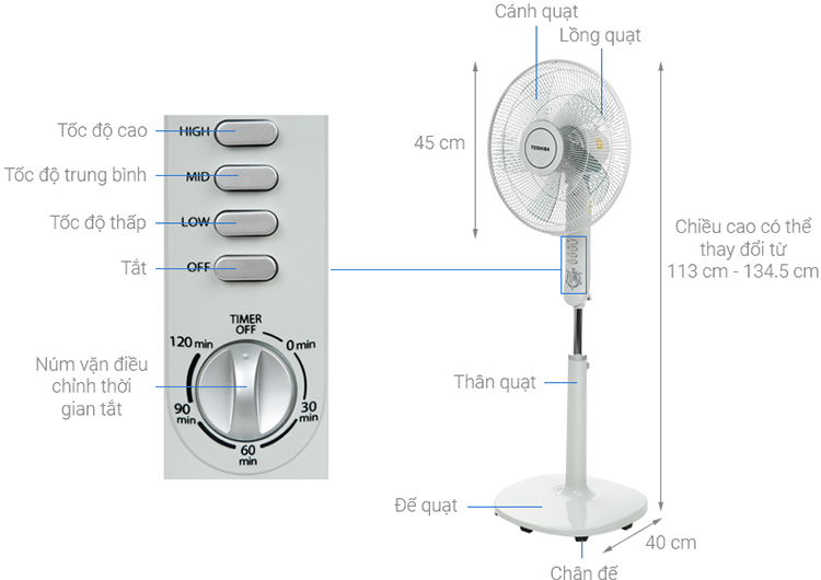 Quạt đứng Toshiba F-LSA10(H)VN (60W) - Xám - Hàng chính hãng