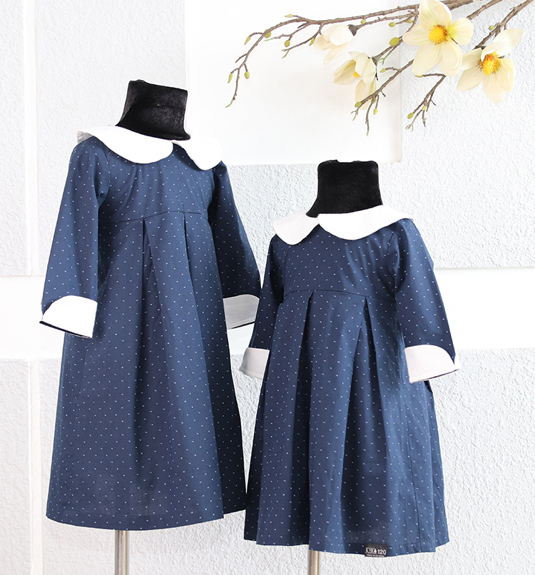 Đầm Bé Gái Xanh Đen Tay Lửng Cổ Sen Trắng KIKA GND-0002