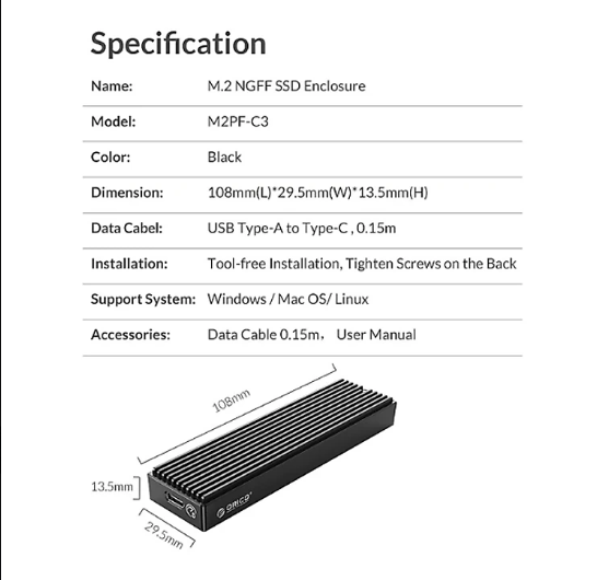 Hộp ổ cứng M.2 SSD USB 3.1 Gen 1 ORICO M2PF-C3-BK - Đen - Hàng chính hãng